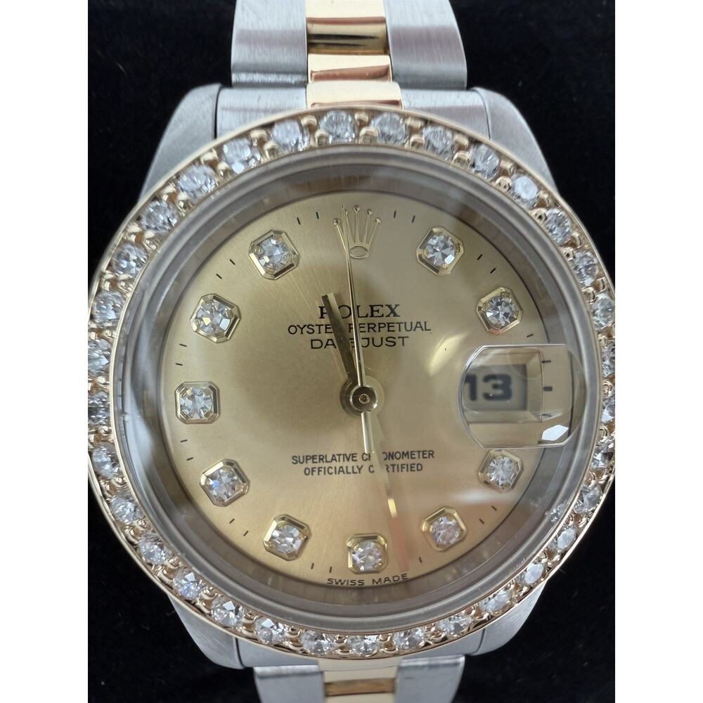 Rolex 69173 Ladies Datejust 18k Gold 26mm Diamond Dial with Custom Diamond Bezel - Picture 3 of 13